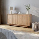 Prepac Natural Oak Finnley Sideboard Cabinet Buffet Cabinet with Storage Accent Cabinet for Living Room, Kitchen, Entryway Cabinet with Adjustable Shelves Push Latch System 16" D x 61.5" W x 30.75" H
