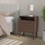 Prepac Milo Mid-Century Modern 2 Drawer Nightstand with Open Shelf, Bedside Table, Contemporary Bedroom Furniture, 16"D x 22.5"W x 29.5"H, Cherry