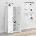 Prepac Elite Premium Home Storage Cabinet with Doors and Shelves, White Storage Cabinet, Bathroom Cabinet, Pantry Cabinet with 5 Shelves 16" D x 32" W x 72" H
