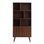 Prepac Milo Mid-Century Modern Bookcase with Six Shelves, Two Doors, and Brushed Brass-Finished Knobs