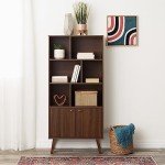 Prepac Milo Mid-Century Modern Bookcase with Six Shelves, Two Doors, and Brushed Brass-Finished Knobs
