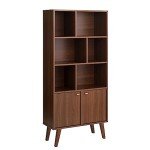 Prepac Milo Mid-Century Modern Bookcase with Six Shelves, Two Doors, and Brushed Brass-Finished Knobs