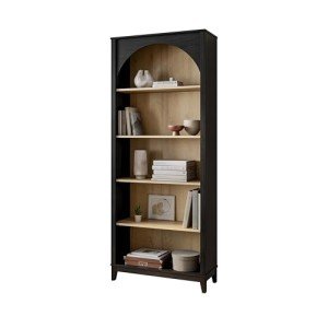 Prepac Ark 78" Tall 5-Tier Arched Bookcase, Black Oak with Oak Finish Interior, Modern Storage Accent Bookshelf with 3 Adjustable Shelves for Home, Office, Living Room, Bedroom