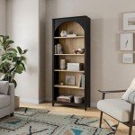 Prepac Ark 78" Tall 5-Tier Arched Bookcase, Black Oak with Oak Finish Interior, Modern Storage Accent Bookshelf with 3 Adjustable Shelves for Home, Office, Living Room, Bedroom