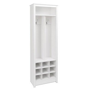 Prepac Entryway Organizer with 2 Coat Hooks, Coat Rack Hall Tree with 9 Cubbies for Shoe Storage, Furniture for Entryway with 1 Upper Shelf, 23.5” W x 72.5” H x 13” D, White