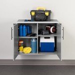 Prepac HangUps 2-Door Wall Mounted Garage Base Storage Cabinet, Work Table Storage Organizer Cabinet, 30" W x 24" H x 16" D, Light Gray
