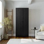 Prepac Yaletown 72" Tall Storage Cabinet with Wood Legs, Pantry Cabinet with 3 Adjustable Shelves, Bathroom, Kitchen and Home Organization in Black Oak, 16" D x 32" W x 72" H
