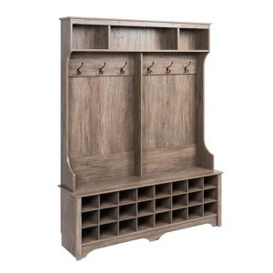 Prepac Gray Hall Tree, Shoe Cabinet, Storage Cabinet with 24 Shoe Cubbies and 6 Double Coat Hooks 15.5" D x 60" W x 77" H