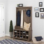 Prepac Entryway Organizer with 4 Coat Hooks, Coat Rack Hall Tree with Bench and Coat Storage, Furniture for Entryway with 15 Cubbies for Shoe Storage, 38” W x 68” H x 15.5” D, Drifted Gray