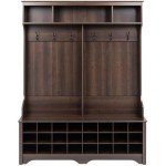 Prepac Brown Hall Tree, Shoe Cabinet, Storage Cabinet with 24 Shoe Cubbies and 6 Double Coat Hooks 15.5" D x 60" W x 77" H