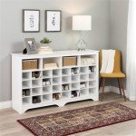 Prepac White Console Table, Shoe Cabinet, Storage Cabinet with 32 Shoe Cubbies and 4 Large Storage Cubbies 15.5" D x 60" W x 35" H