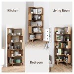 Prepac Nordik 6-Tier Natural Oak Modern Mid Century Corner Bookcase, 71.5" Extra Tall Corner Shelf with Storage, Multifunctional Freestanding Bookshelf for Home Office, Living Room, Bedroom