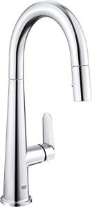 GROHE Veletto – Single Lever Kitchen Sink Mixer Tap with Pull-Out Dual Spray (High C-Spout, 28 mm Ceramic Cartridge, 360° Swivel Range, QuickMount Included, Tails 3/8 Inch), Chrome, 30419000