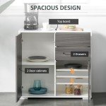 HOMCOM High Gloss Buffet Sideboard with 2 Drawers, 2 Doors and Adjustable Shelf, Kitchen Storage Cabinet with Push Open Design, Grey and White