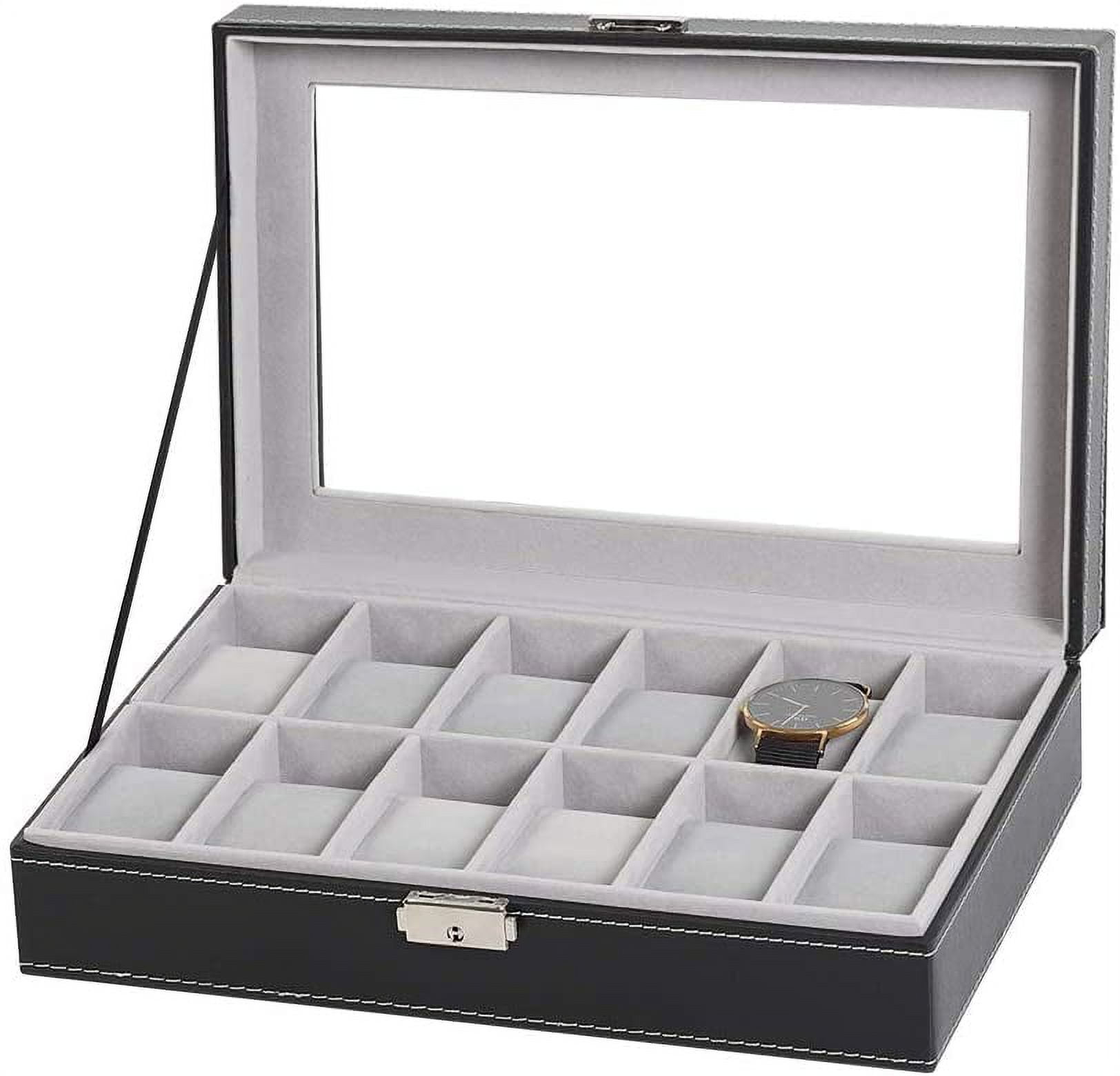 12-Slot Black Leather Watch Organizer Display Case