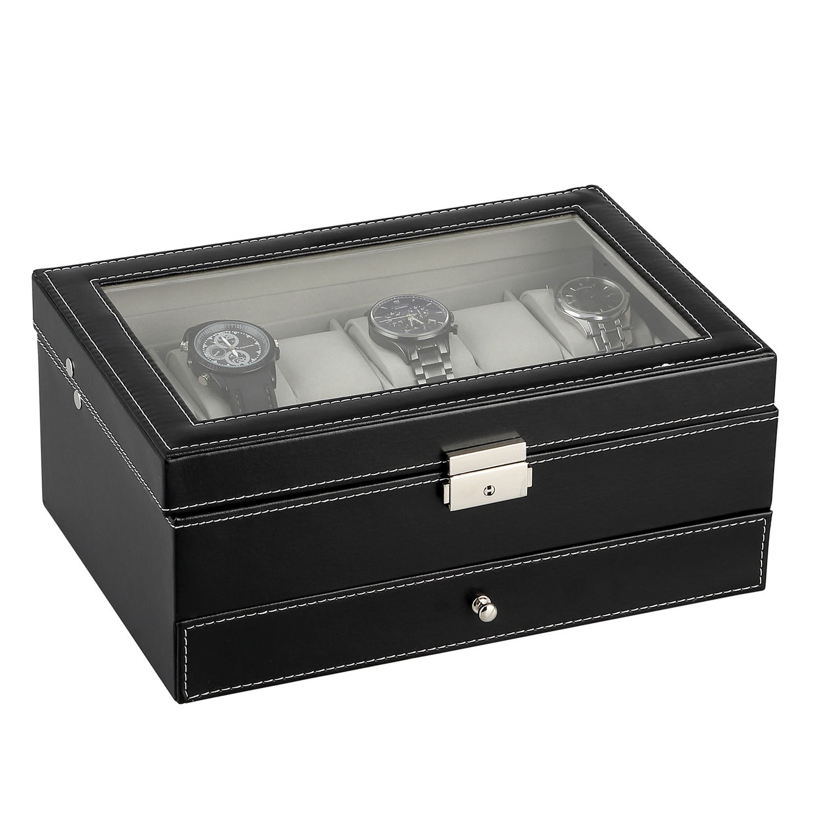 12-Slot Leather Watch Organizer with Storage Drawer