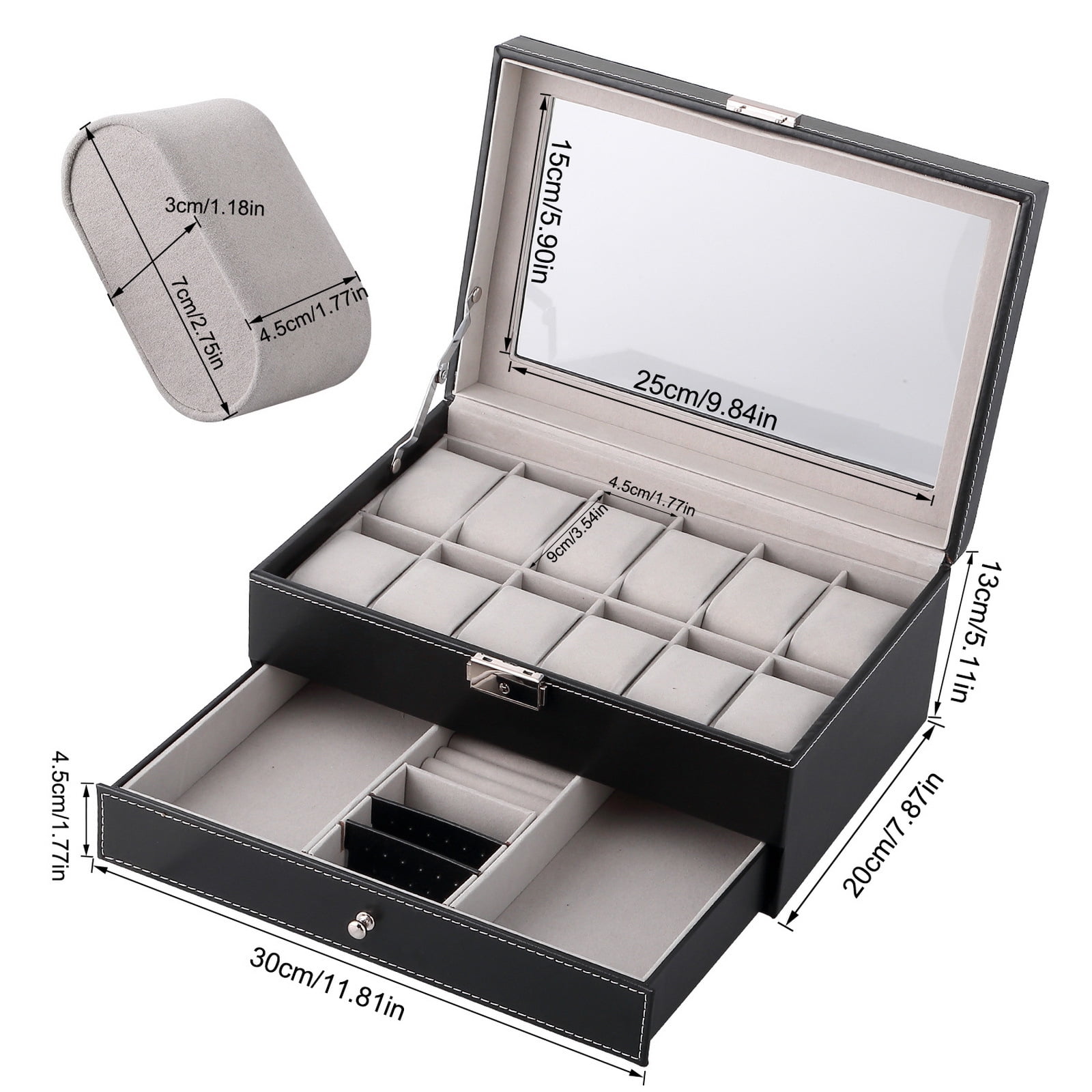 12-Slot Leather Watch Organizer with Storage Drawer