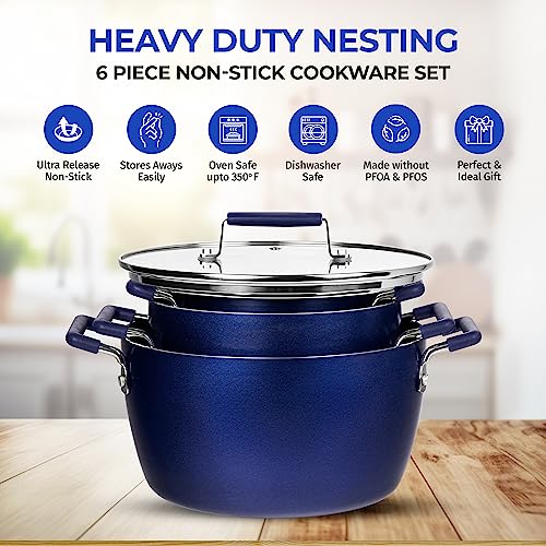 Blue Granite Nonstick Pots and Pans Set, 6pc