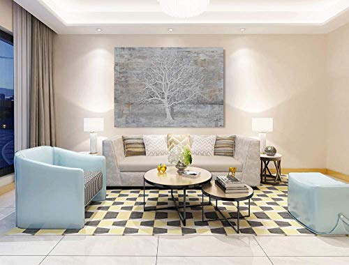 Hand-painted Grey White Beige Tree Of Life Canvas
