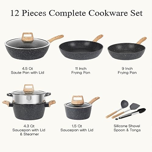 12-Piece Nonstick Cookware Set for Induction Cooking (Black)