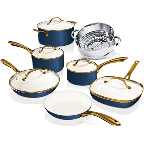 Gotham Steel Ceramic 12 Pc Cookware Set - Cream Navy
