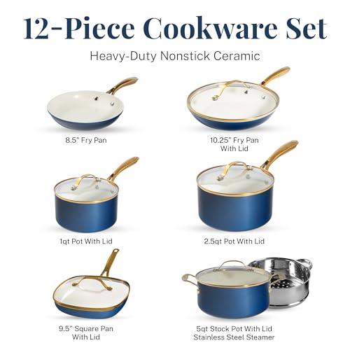 Gotham Steel Ceramic 12 Pc Cookware Set - Cream Navy