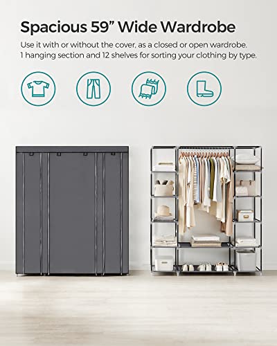 Gray Portable Closet Wardrobe, 12 Compartments, 59x17.7x69