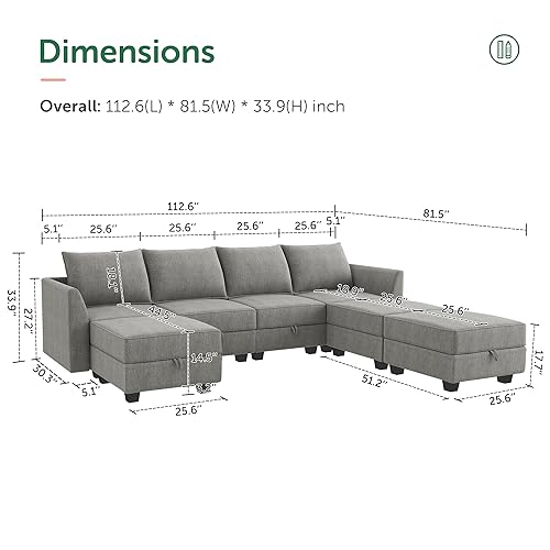 Modular U-Shaped Sectional Sofa with Storage, Grey