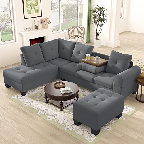 Modern L-Shaped Sectional Sofa with Cup Holders
