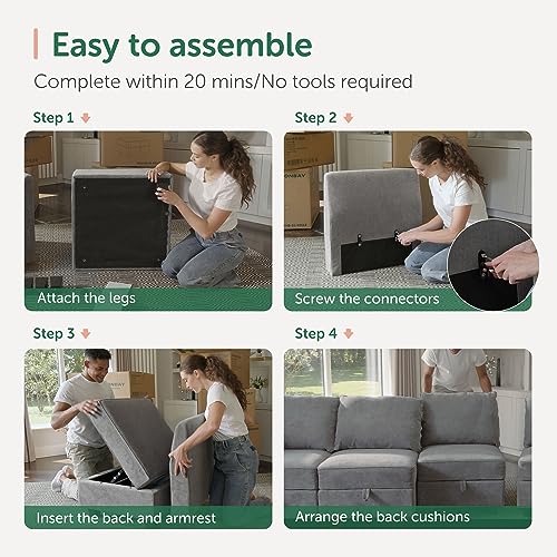 Modular U-Shaped Sectional Sofa with Storage, Grey