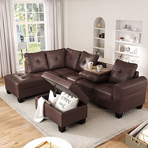 L-Shaped Sofa with Storage Ottoman & Cup Holder