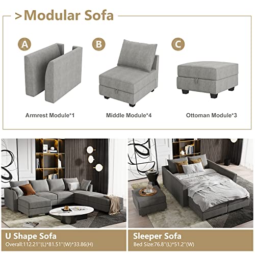 Modular U-Shaped Sectional Sofa with Storage, Grey