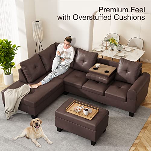 L-Shaped Sofa with Storage Ottoman & Cup Holder