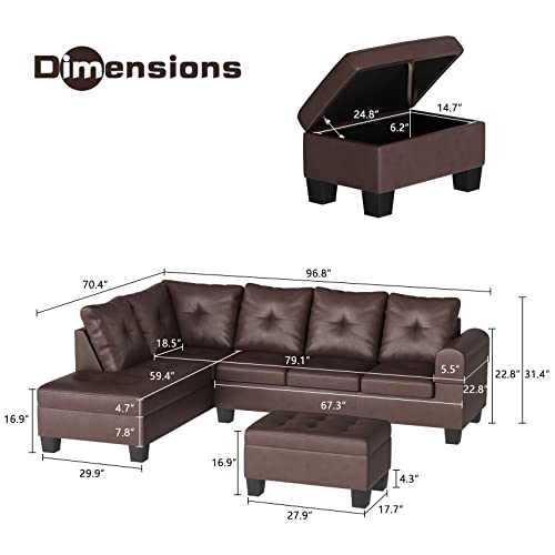 L-Shaped Sofa with Storage Ottoman & Cup Holder