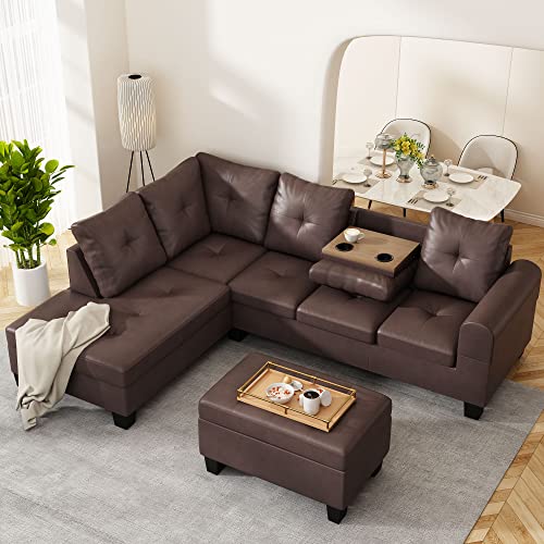 L-Shaped Sofa with Storage Ottoman & Cup Holder
