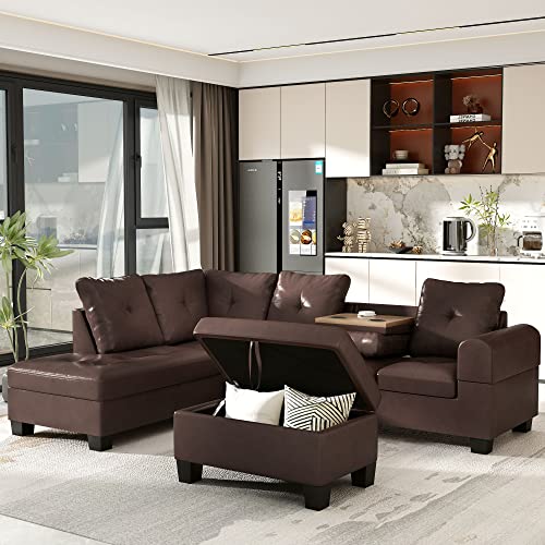 L-Shaped Sofa with Storage Ottoman & Cup Holder