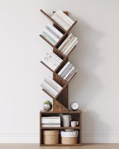 Rustic 6-Tier Tree Bookshelf with Storage Cabinet
