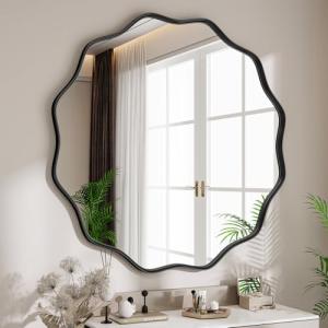 30-Inch Wavy Round Wall Mirror with Metal Frame