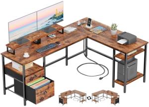 L-Shaped Desk with Power Outlet and Storage Shelves