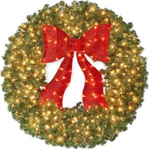 48" Pre-Lit Christmas Wreath with Red Bow