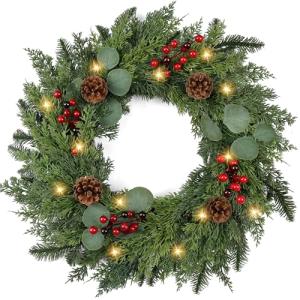 24-Inch Prelit Pine Wreath with Red Berries