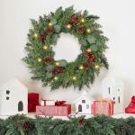 24-Inch Prelit Pine Wreath with Red Berries