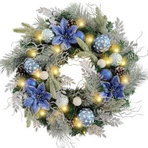 24 Inch Pre-Lit Silver Blue Christmas Wreath
