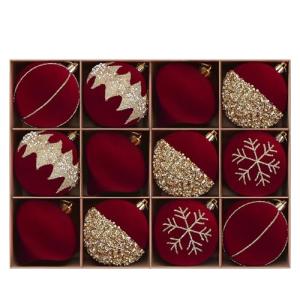 Red & Gold Velvet Glitter Christmas Tree Ornaments
