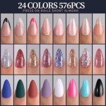 Vibrant Almond Press-On Nails Set - 24 Colors