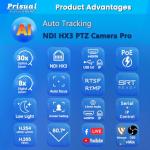 Prisual NDI PTZ Camera 30X SDI/HDMI/USB3.0/IP Streaming with AI Auto Tracking, Low Latency for Church, Broadcast, Live Events (NDI License Included, Free Upgrade to NDI HX3 & Full NDI)