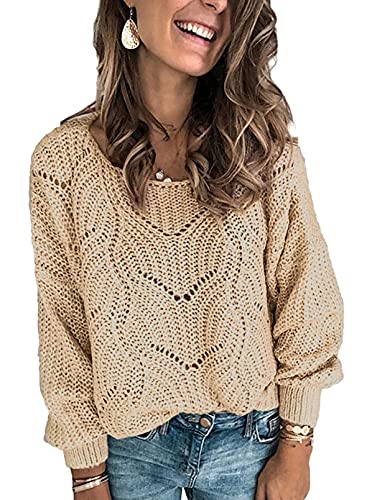 Dokotoo Womens Juniors Crewneck Fall Sweaters for Women Long Sleeve Solid Hollow Out Fashion Casual Loose Plain Chunky Knit Pullover Sweaters for Women Jumper Outerwear Khaki Small