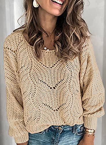 Dokotoo Womens Juniors Crewneck Fall Sweaters for Women Long Sleeve Solid Hollow Out Fashion Casual Loose Plain Chunky Knit Pullover Sweaters for Women Jumper Outerwear Khaki Small