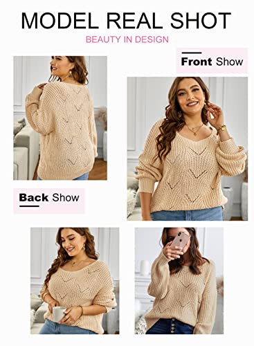 Dokotoo Womens Juniors Crewneck Fall Sweaters for Women Long Sleeve Solid Hollow Out Fashion Casual Loose Plain Chunky Knit Pullover Sweaters for Women Jumper Outerwear Khaki Small