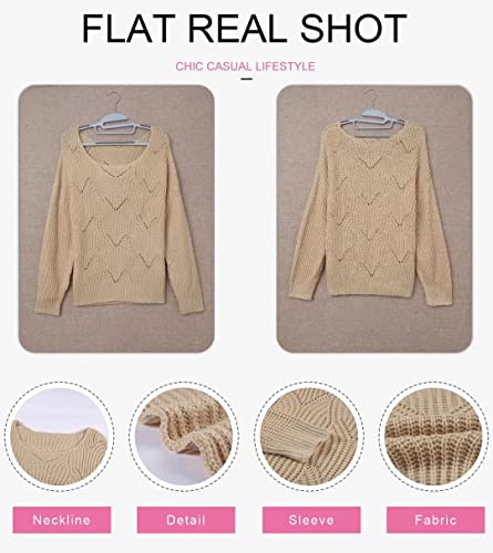 Dokotoo Womens Juniors Crewneck Fall Sweaters for Women Long Sleeve Solid Hollow Out Fashion Casual Loose Plain Chunky Knit Pullover Sweaters for Women Jumper Outerwear Khaki Small